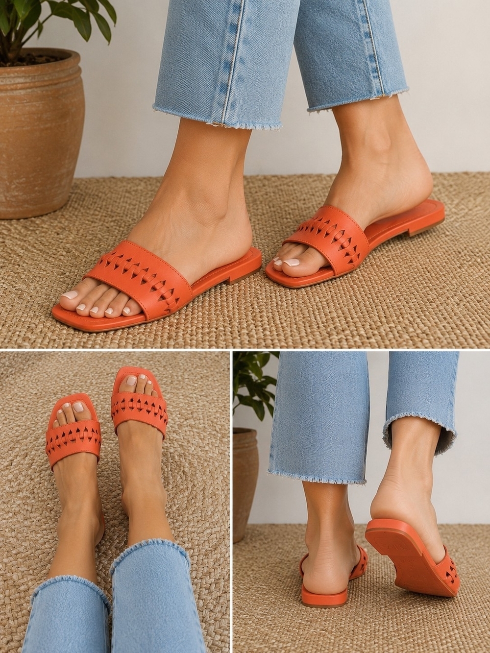 Zara Orange Leather Slide Sandals Women's Size 37.